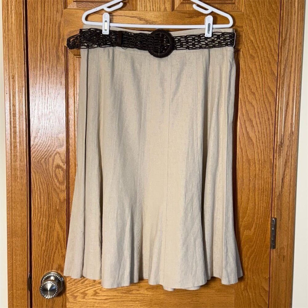 Dressbarn Women's Beige Midi Linen Flare Skirt with Woven Belt Size 12 Casual